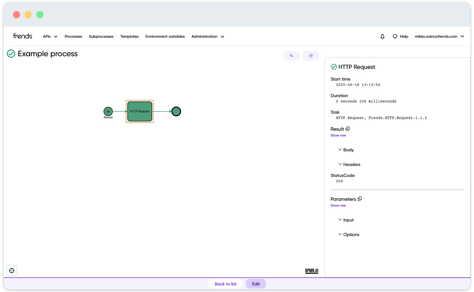 Process execution view with HTTP Request Task selected.