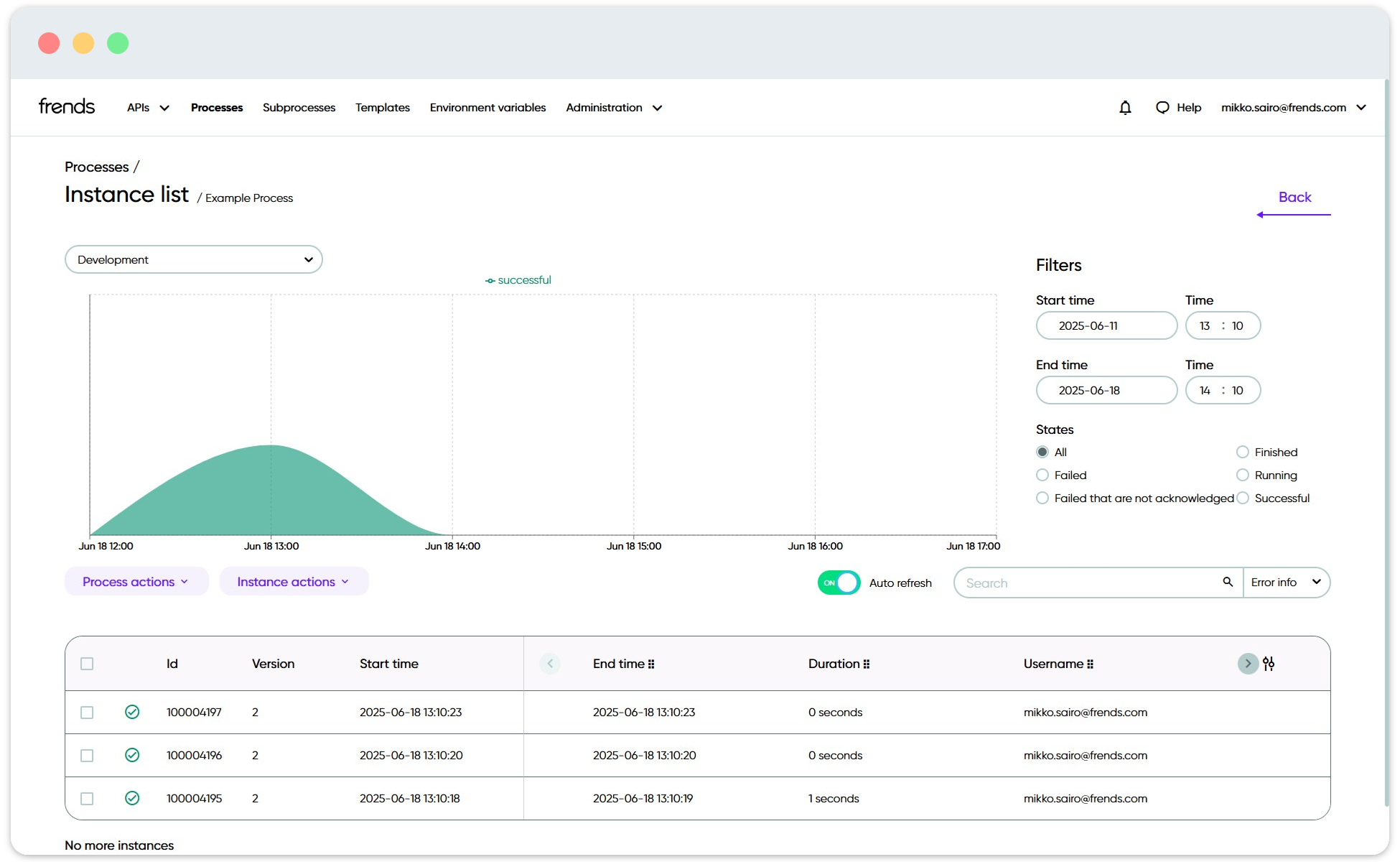 A view of the Process Instance list with filters.